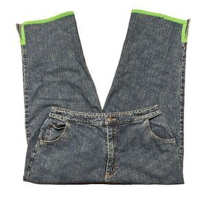 Quacker Factory fun cropped high waist green trim blue jeans size Large
